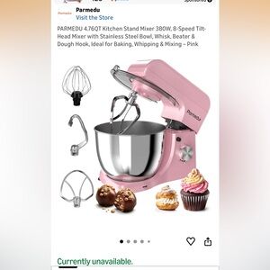 Pink Stand Mixer with Stainless Steel Bowl and Attachments